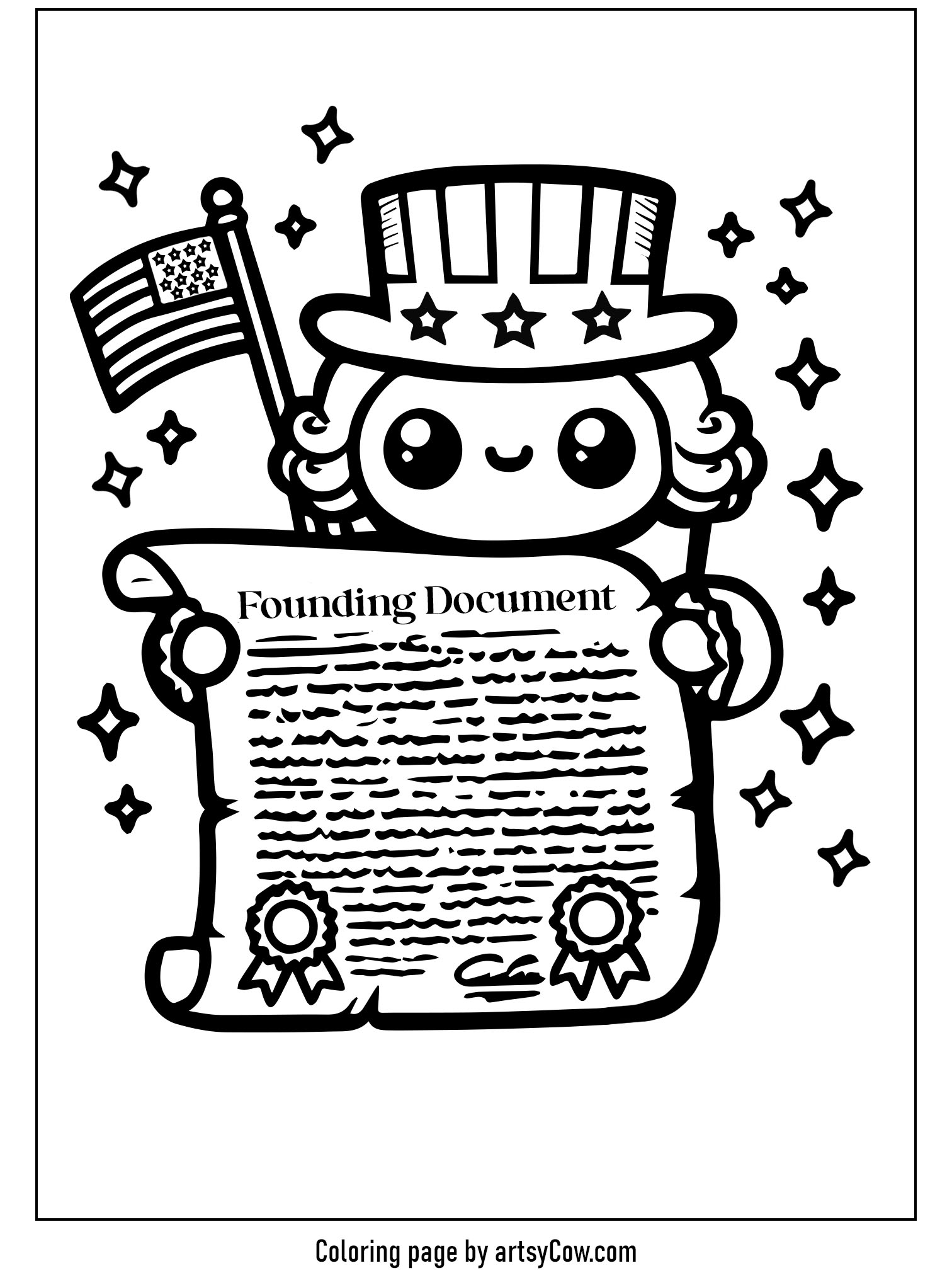 Presidents Day Coloring Pages featuring a cute character holding a scroll titled 'Founding Document' with an American flag and stars around.
